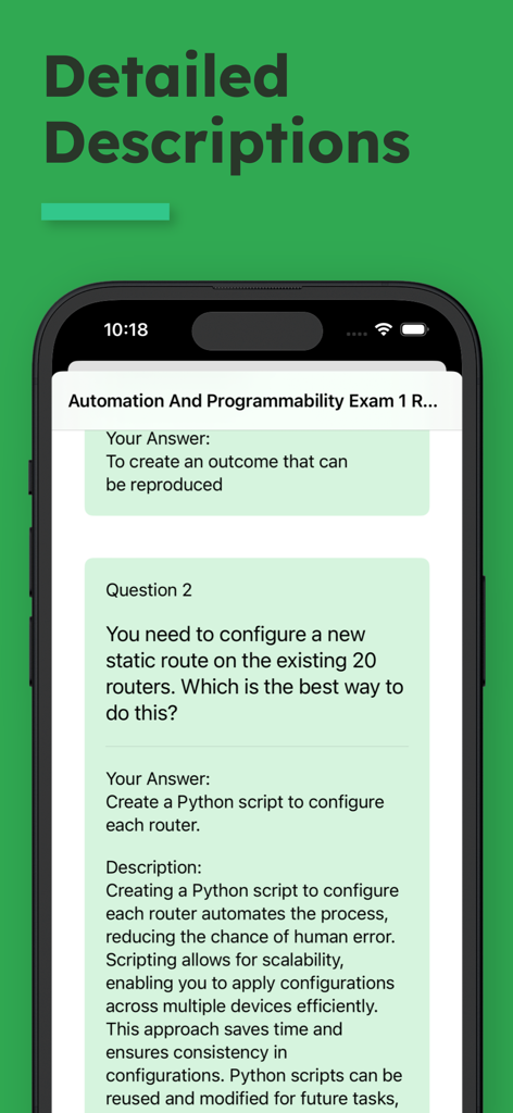 A mobile screen showing a CCNA 200-301 practice question with a detailed explanation of network automation and programmability.