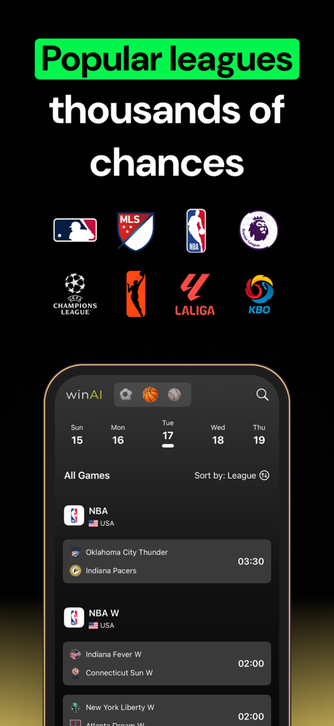 WinAI App-Oberfläche mit einer Liste beliebter Sportligen und einem täglichen Spielplan für NBA- und WNBA-Spiele