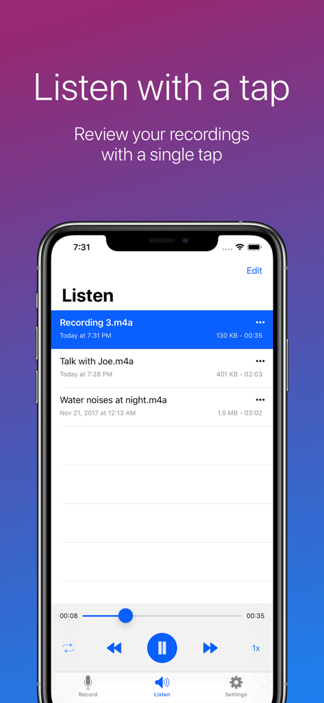 Easy Voice Recorder - A list of audio recordings in the Easy Voice Recorder app with playback controls for quick review.