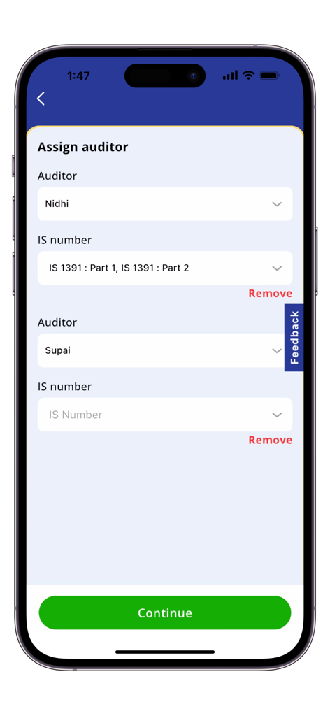 BIS Lab Audit - The Assign Auditor screen of the BIS Lab Audit app showing selection fields for auditor names and IS standards numbers