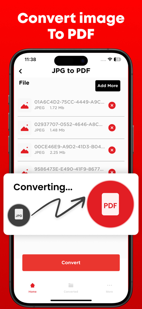Oberfläche einer mobilen App, die den Prozess der Konvertierung von JPG-Bilddateien in ein PDF-Dokument zeigt