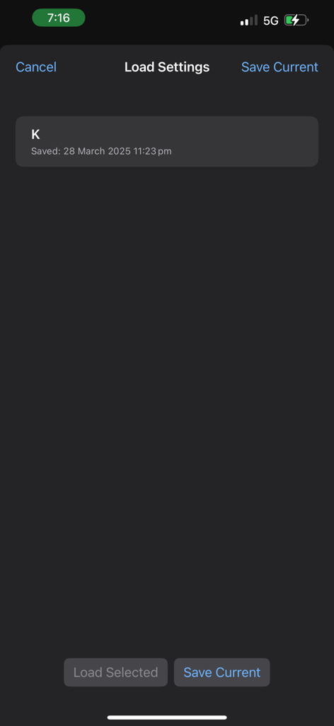 The Load Settings screen of the Populion app showing a saved population simulation profile named K with its save date.