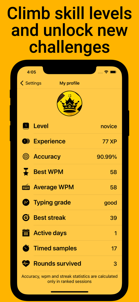 Typing Practice - Royalty - A profile screen from the Typing Practice - Royalty app showing user statistics like accuracy, WPM, and skill level.