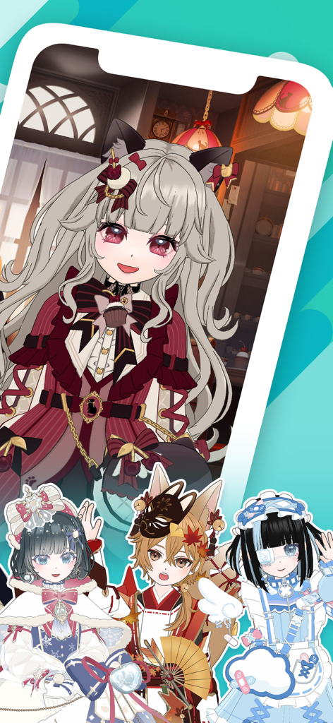 Mirrativ - A group of colorful anime style virtual avatars on a mobile phone screen for streaming