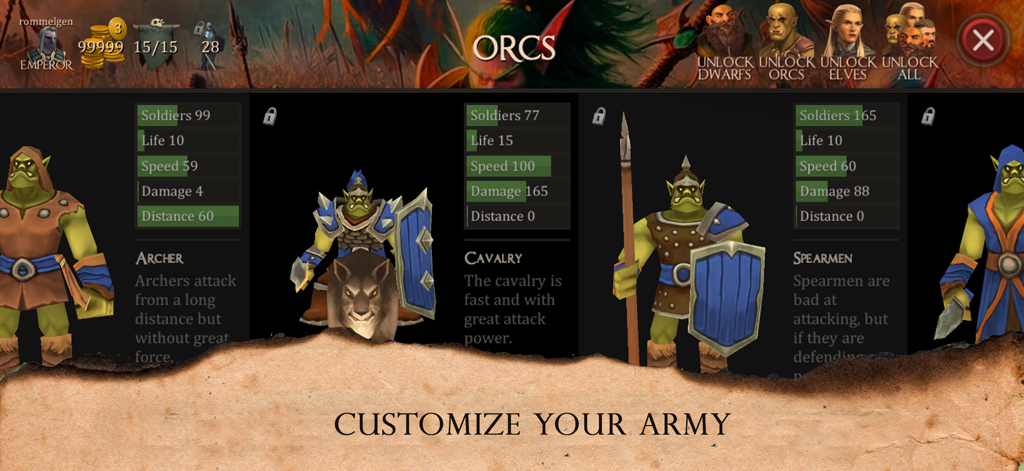 Orc army customization screen showing unit stats for archer cavalry and spearmen in Epic Battles Online