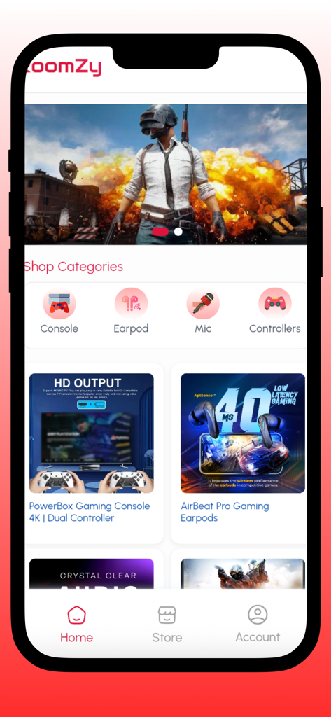 Roomzy mobile app home screen showing gaming gear categories and featured products like consoles and earpods