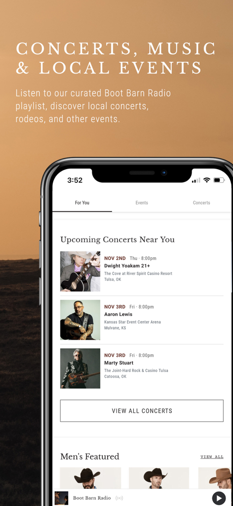 Interfaz de la app Boot Barn con conciertos próximos, eventos locales y un reproductor de radio