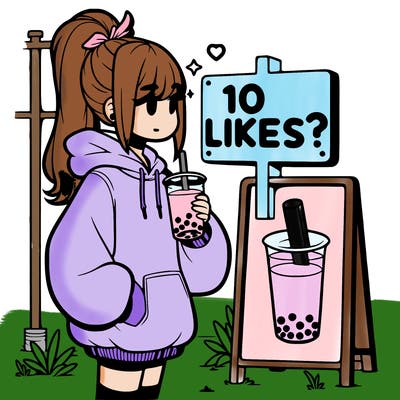 girl with oversized hoodie drinking boba and she has a high ponytail with a sign that says 10likes?