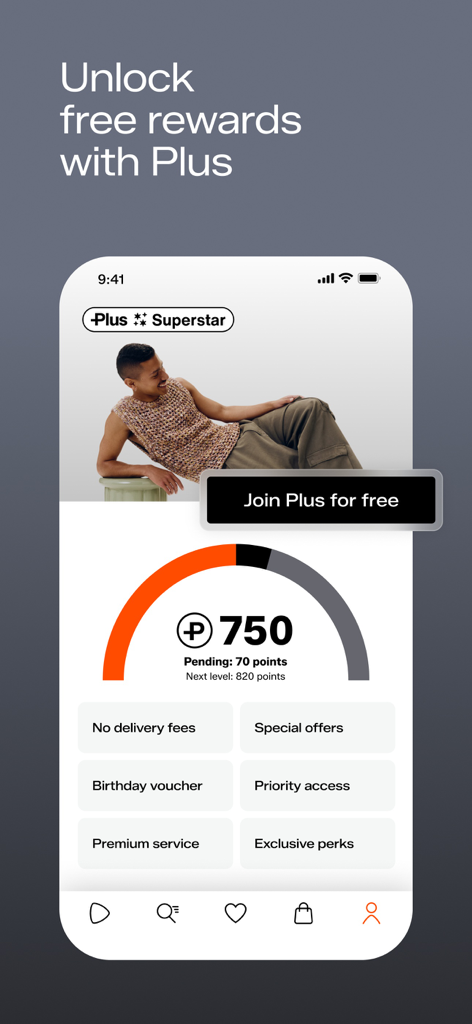 Zalando – Online fashion - Zalando Plus Mitgliedschaftsbildschirm, der den Status von Prämienpunkten und exklusive Vorteile wie kostenlose Lieferung und Sonderangebote zeigt