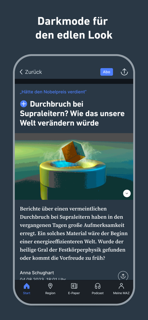 MAZ - Nachrichten und Podcast - Märkische Allgemeine Zeitung App zeigt einen Nachrichtenartikel im Dark Mode