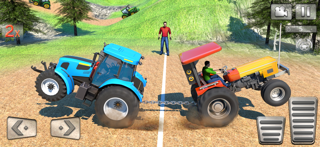 A blue tractor pulls a yellow tractor in a 3D towing competition simulation
