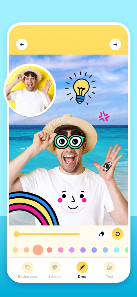 Cut Paste – Erase Background - A beach photo being edited with custom stickers and hand-drawn doodles using the Cut Paste app drawing tool.