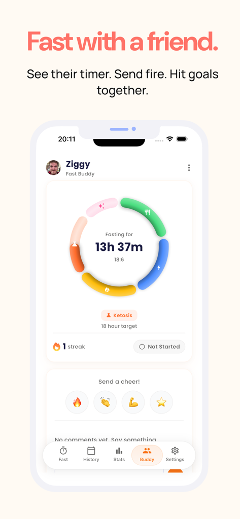 Fasted - Intermittent fasting - A screenshot of the Fasted app interface showing the buddy system feature where users can track a friend's fasting progress and send encouraging emojis.
