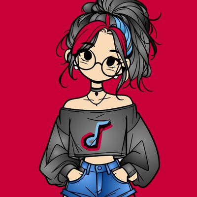 girl with a messy ponytail glasses a baggy crop top and jean shorts