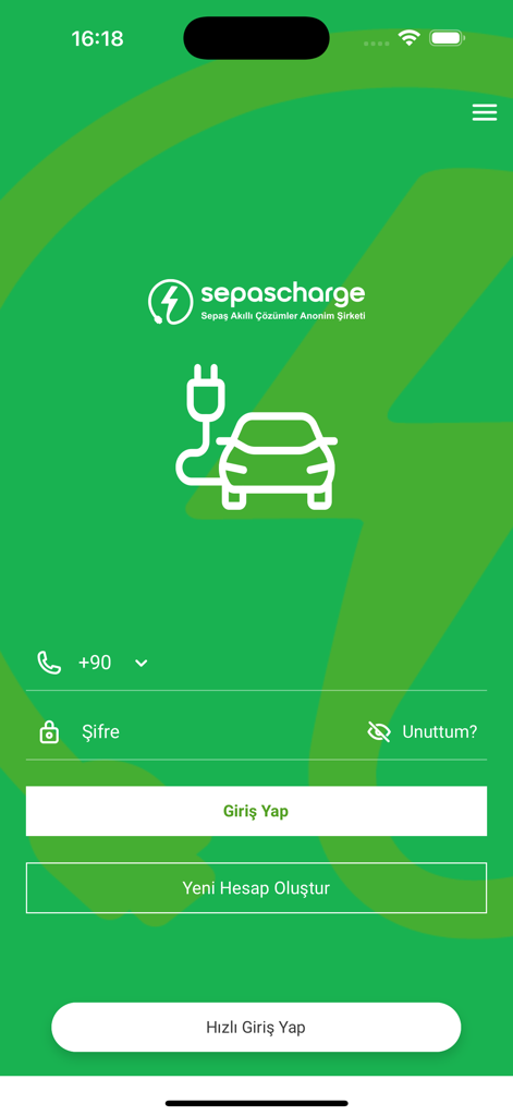 Sepascharge - Login screen for the Sepascharge electric vehicle charging app featuring a green interface with phone number and password entry fields