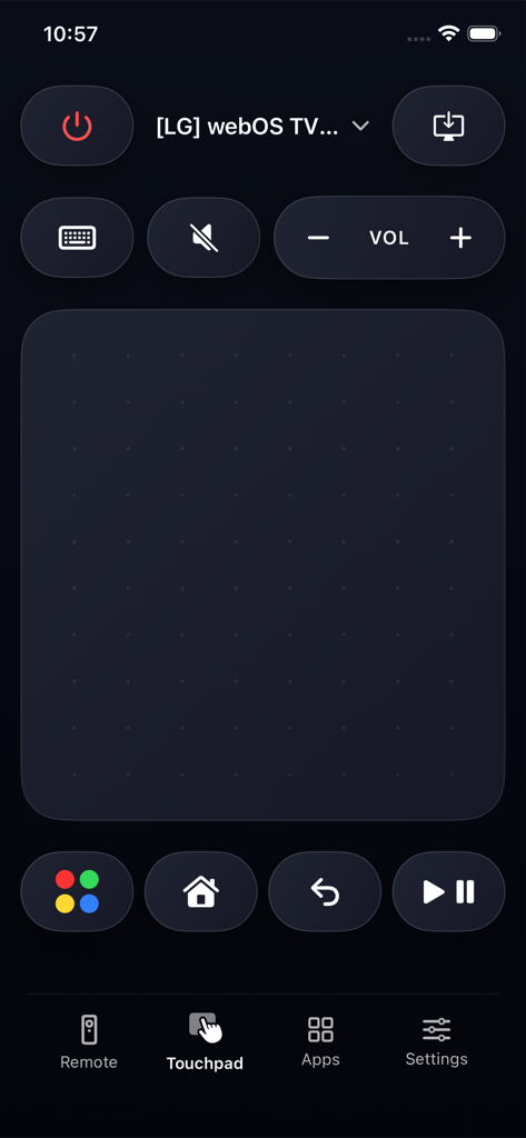 Universal TV Remote Control ▸ - Touchpad navigation interface of the Universal TV Remote Control app connected to an LG webOS TV