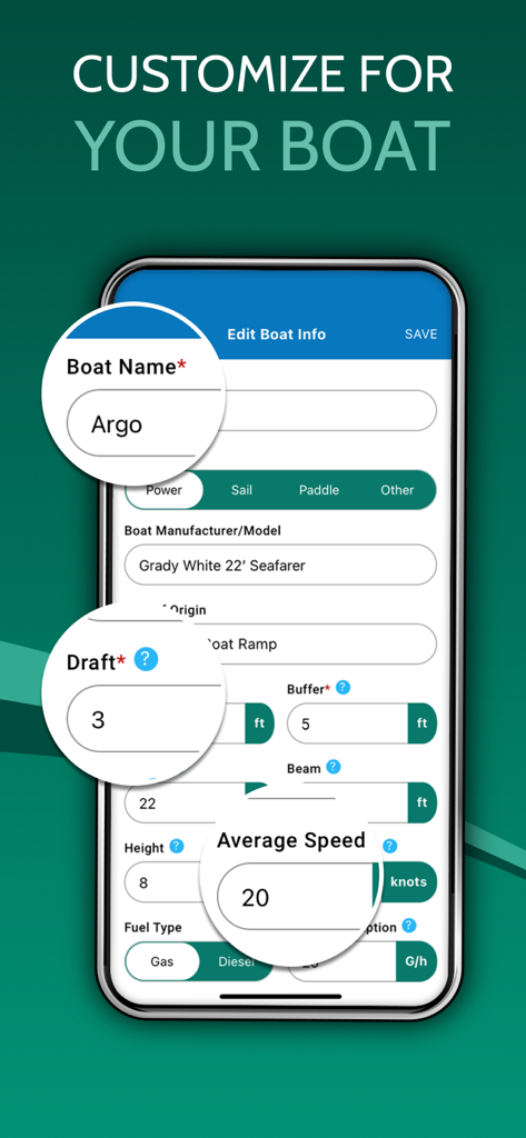 Argo - Boating Navigation - Screenshot of the Argo app Edit Boat Info screen showing options to customize boat name draft and average speed