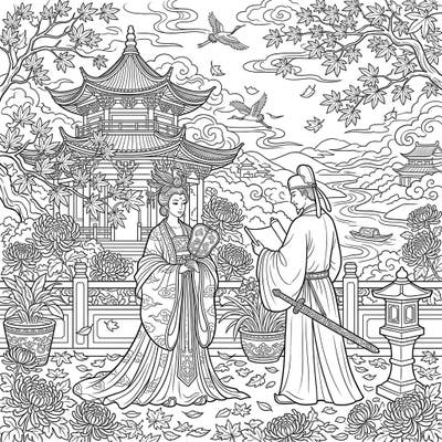 Step back in time to the opulent Tang Dynasty with this captivating autumn coloring page. Discover a serene scene featuring historical figures surrounded by the beauty of fall foliage, ready for your creative touch.