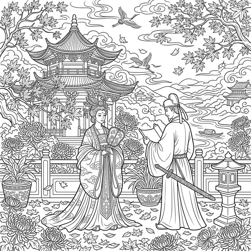 Step back in time to the opulent Tang Dynasty with this captivating autumn coloring page. Discover a serene scene featuring historical figures surrounded by the beauty of fall foliage, ready for your creative touch.