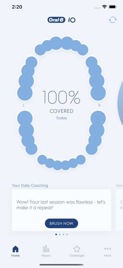 Oral-B - Oral-B iO app home screen showing 100 percent tooth coverage and daily coaching tips.