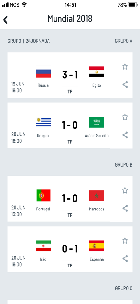 Record - Interface of the Record app showing 2018 World Cup match scores and group standings