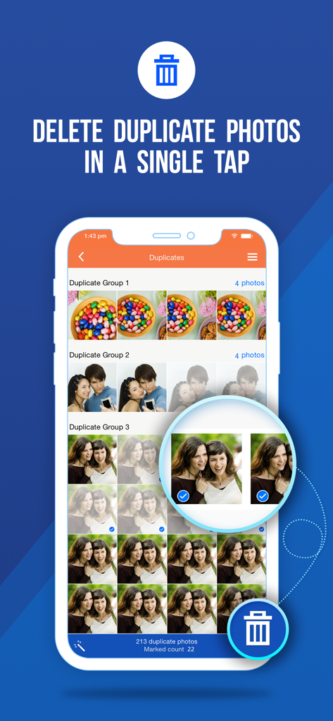 Duplicate Photos Fixer - Duplicate Photos Fixer mobile app screen showing grouped duplicate photos and a delete button