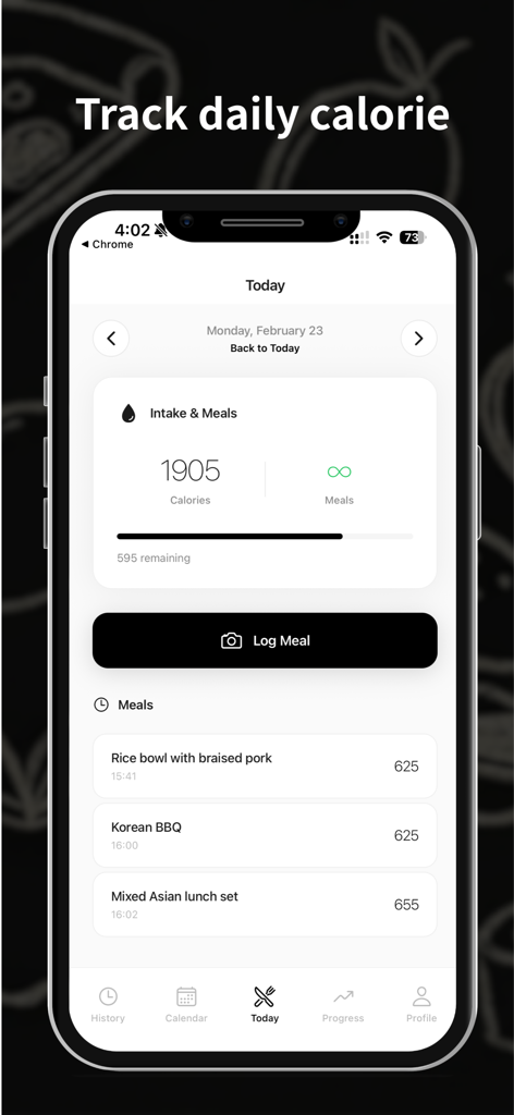 Caloo - Track Your Calories - Caloo app interface displaying daily calorie intake dashboard and a list of logged meals