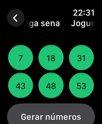 Mega Watch - Schermata di Apple Watch che mostra sei numeri della lotteria in cerchi verdi con un pulsante per generare numeri