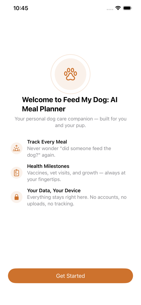 Welcome screen of Feed My Dog AI Meal Planner app showcasing meal tracking and health milestones features.