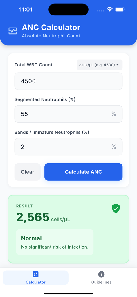 Absolute Neutrophil Count Calc - Mobile interface of the ANC Calculator app showing clinical input fields and a normal neutrophil count result.