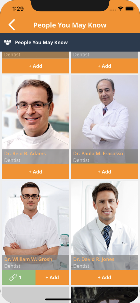 SmileStream: Dentistry - Interfaz de la aplicación SmileStream que muestra perfiles de redes profesionales para dentistas.