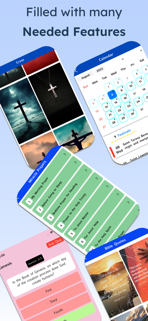 Bible Reading Zone -All In One - Un collage de pantallas de móvil de la aplicación Bible Reading Zone mostrando funciones como oraciones milagrosas, un calendario festivo, cuestionarios bíblicos y fondos de pantalla.