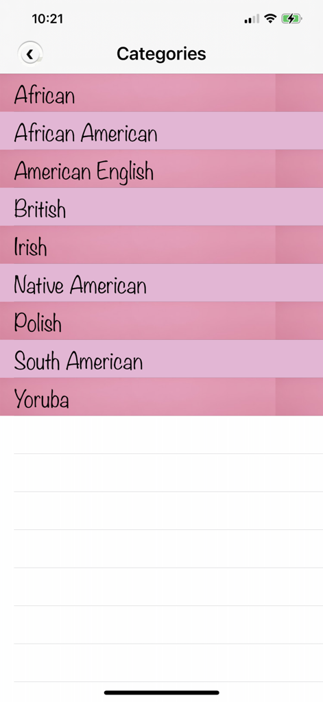 Wise Quotes App-Screenshot mit einer Liste kultureller Kategorien für Sprichwörter, darunter afrikanisch, britisch und amerikanisch-indianisch.