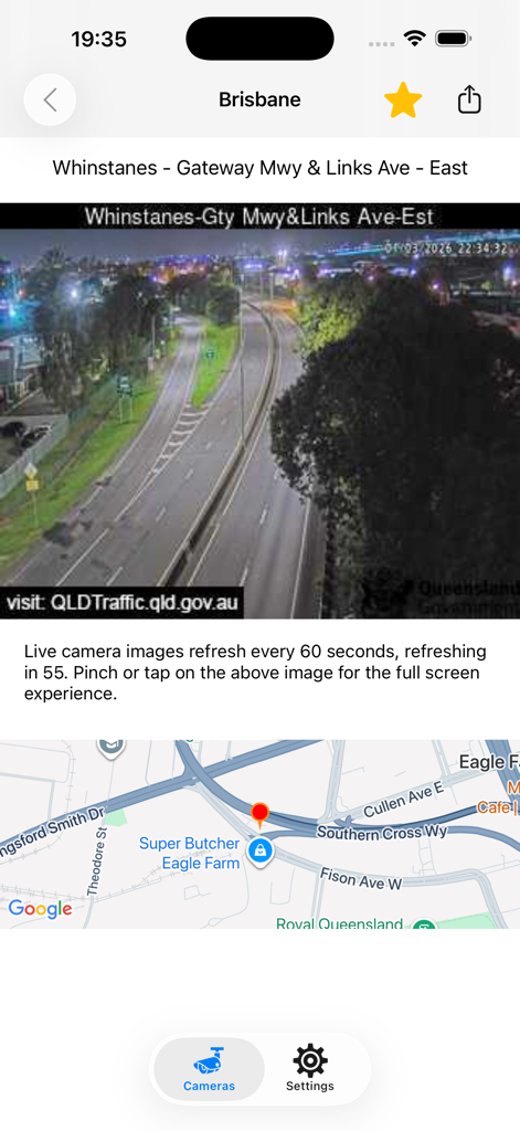 A live traffic camera feed of the Gateway Motorway and Links Avenue in Brisbane at night within the Traffic Cameras Australia app