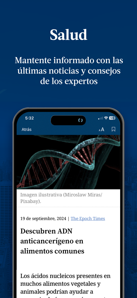 Application El Epoch montrant un article d'actualité sur la santé avec le titre 'Découvert un ADN anticancéreux dans des aliments courants'.