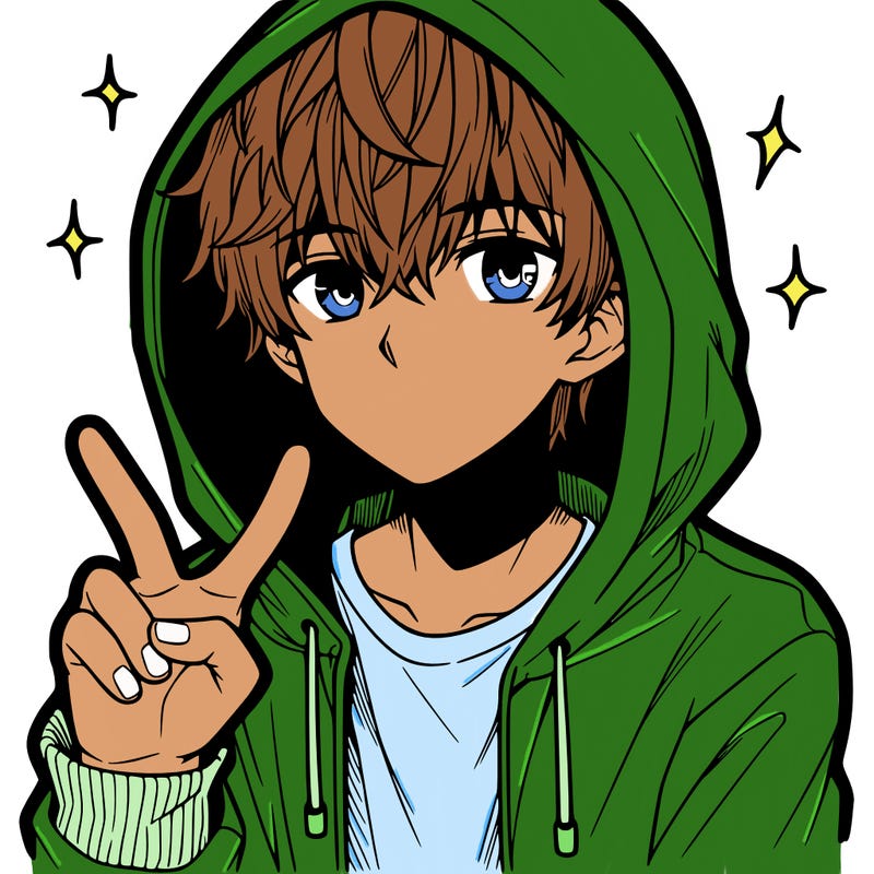 teenage manga boy in a hoodie, doing ✌