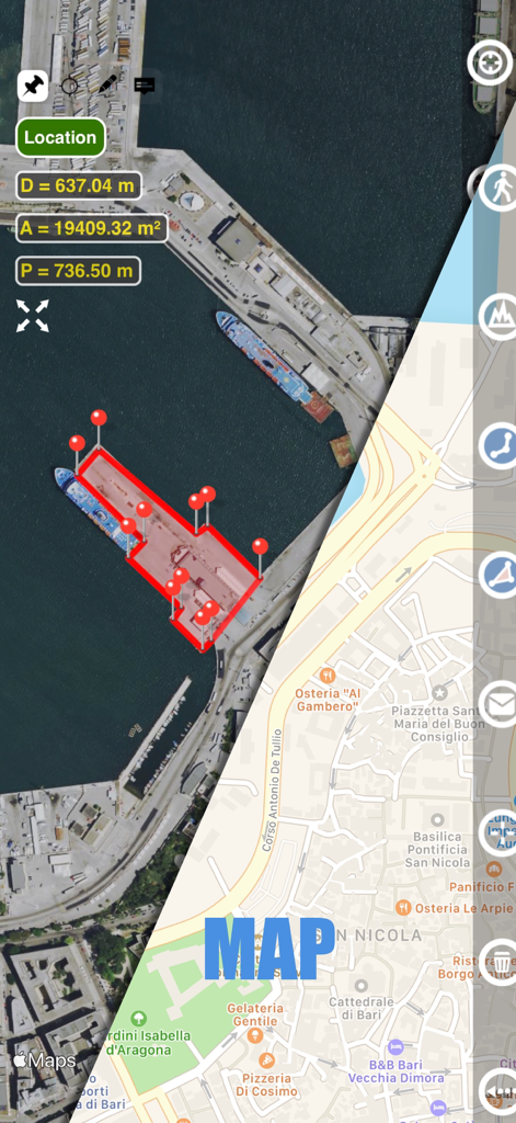 Planimeter app interface showing split screen with satellite and street map views displaying area and distance measurements of a port