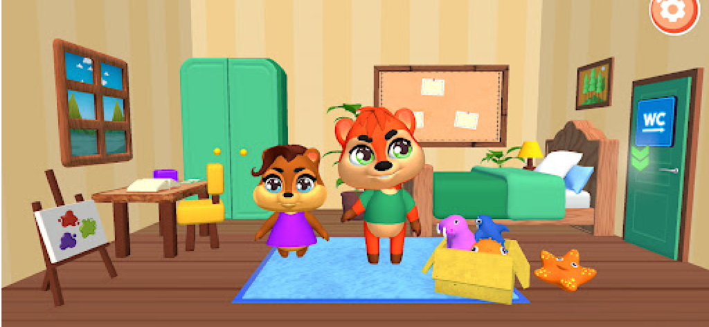 Koko i Poko - Dos lindos personajes animales animados de pie en una colorida sala de juegos para niños con juguetes y un caballete de dibujo