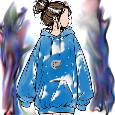 realistic girl with a oversized sweatshirt on and a bun