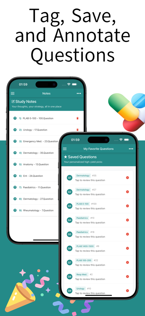 PLAB QBank Questions&Solutions - PLAB QBank app interface showing study notes and a list of saved favorite medical questions for exam preparation