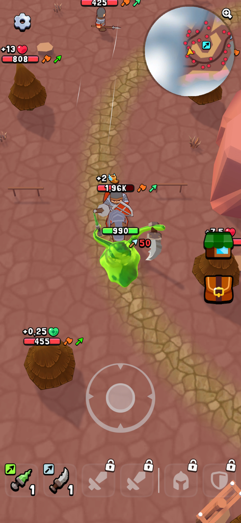 Captura de pantalla del juego Devour Idle RPG con un monstruo verde luchando contra un caballero.