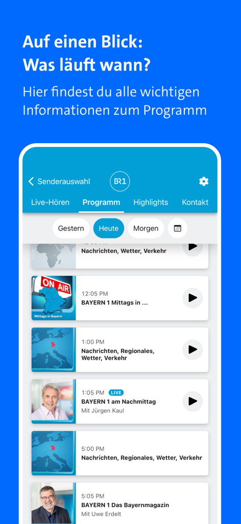 Interface de l'application BR Radio affichant la grille des programmes quotidienne de la station Bayern 1