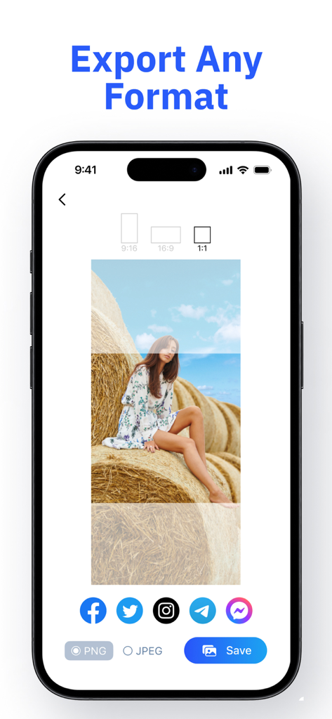 Interfaz que muestra las opciones de exportación de imágenes para formatos PNG y JPEG con iconos de compartir en redes sociales y selección de relación de aspecto