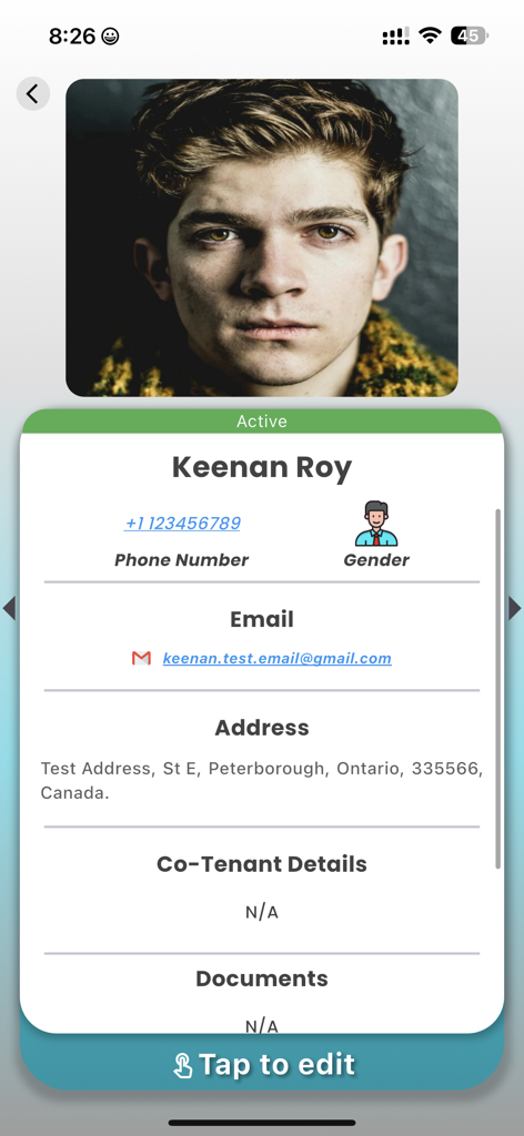 Uma tela de perfil de inquilino no aplicativo Sistema de Gestão de Aluguel mostrando informações de contato e endereço