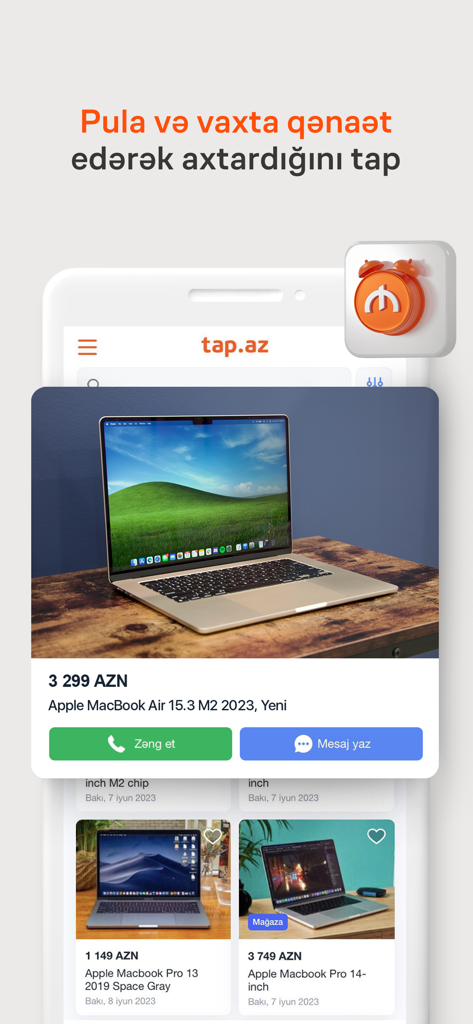 A MacBook Air listing on the Tap.az classifieds app showing price and contact buttons.