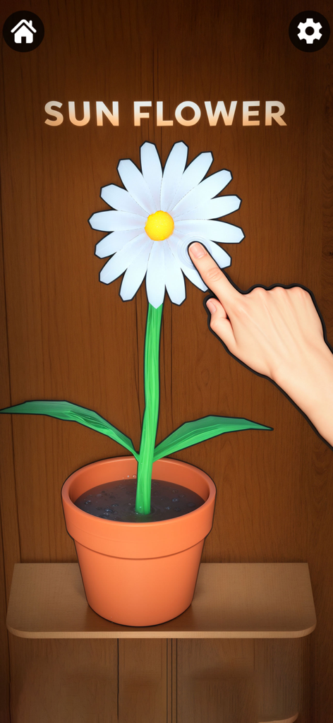 Mini Relaxing Antistress Games - Una mano tocando una margarita blanca en una maceta en el minijuego de girasol de la aplicación Mini Juegos Relajantes Antiestrés