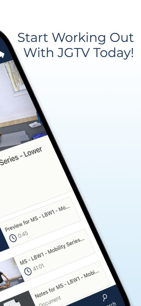 Pilates & Fitness TV - A mobile phone screen displaying the Pilates and Fitness TV app workout series list and downloadable class notes.