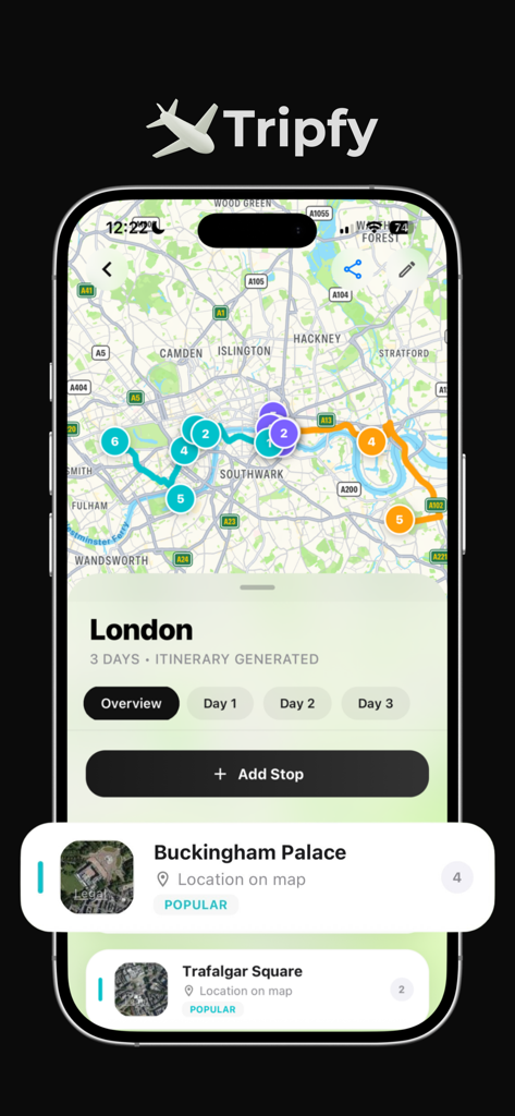Tripfy app interface displaying a three day London itinerary on a map with optimized travel routes and popular landmarks