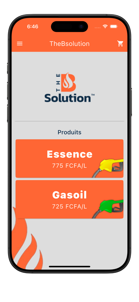 TheBsolution app screen displaying gasoline and diesel fuel options with prices per liter