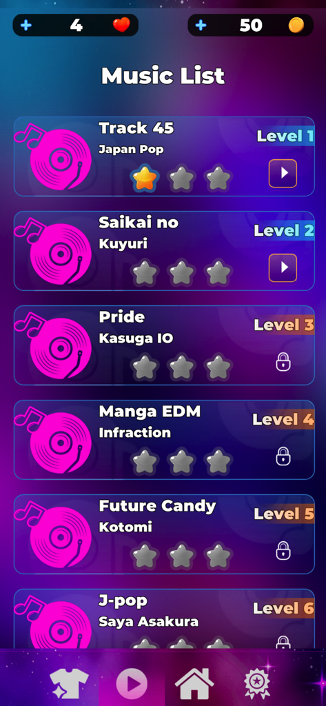 J-pop Dancing: Tap Dance Game - J-POPダンスの楽曲選択画面、トラックとレベルが表示されています。